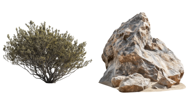 Desert Collection of Dry Plants and Rocks Isolated on Transparent Background