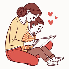 Mother and son reading a book together with love, isolated on white background they are happy and cute family members spending time together