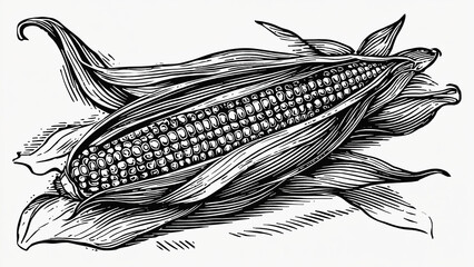 Detailed Black and White Illustration of Corn Cob with Husk and Kernels – Botanical Vintage Drawing”