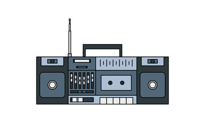 Fototapeta premium Colored vector illustration of a 90s retro boombox cassette player with dual speakers, antenna, and cassette deck, flat style design with lineal color details.