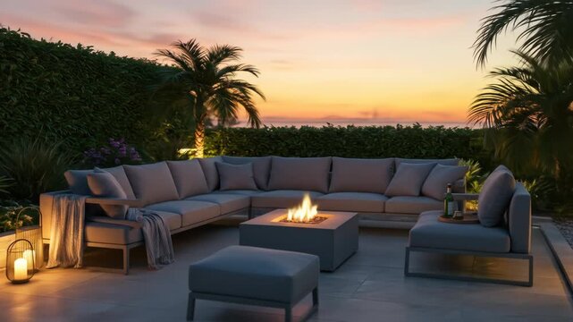 Cozy patio with a fire pit and comfy sofa under the sunset sky