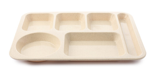 Empty plastic tray isolated on white. School lunch
