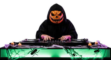 DJ with a Pumpkin Head at a Halloween Party, isolated on white background, png