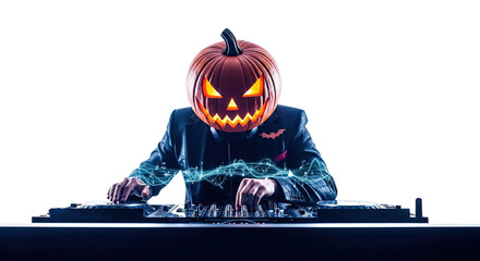 Halloween DJ with Pumpkin Mask Performing at a Party, isolated on white background, png