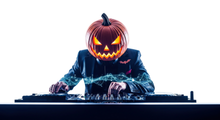 Halloween DJ with Pumpkin Mask Performing at a Party, isolated on white background, png