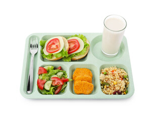 Plastic tray with tasty food, milk and fork isolated on white. School lunch