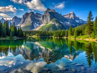 Majestic mountain range reflecting in the serene lake, surrounded by lush forest and clear sky, a picturesque landscape of natural beauty