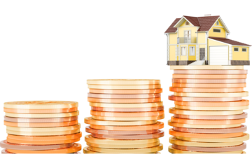 House with stacks of growing gold coins. Real estate price increase, transparent background