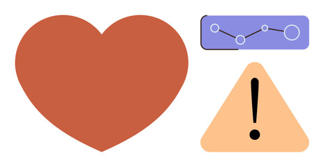 Red heart, yellow warning triangle with exclamation mark, and analysis graph. Ideal for health monitoring, risk management, data analysis, medical care, safety alerts decision-making. Simple flat