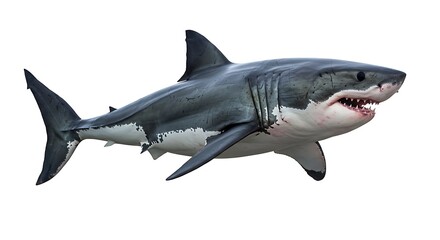 Fototapeta premium Great White Shark Isolated, Showing Teeth and Gills, Against a Clean White Background