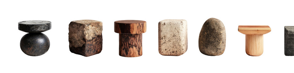 Group of various, textured, cylindrical objects