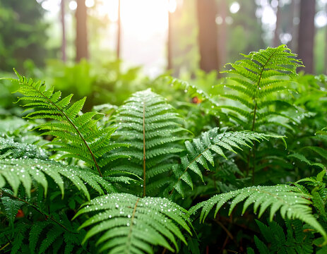 Fern fronds in forest nature background green foliage plant leaves dew - Powered by Adobe