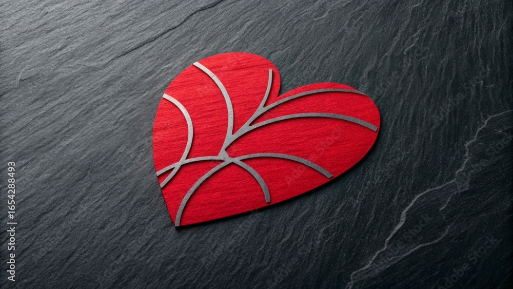 Aufkleber a red heart with silver lines on a dark gray stone surface creating a textured background look