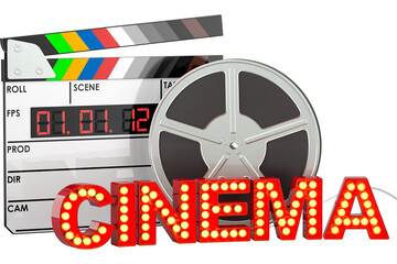 Film distribution, film production concept.  Clapperboard, film reel and cinema signboard,...