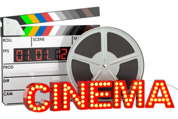 Film distribution, film production concept.  Clapperboard, film reel and cinema signboard, transparent background