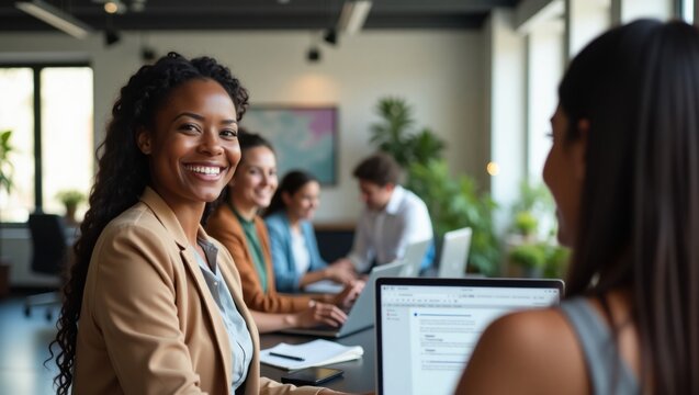 Una alegre gerente de oficina afroamericana recibe a un visitante en la recepci&oacute;n. Detr&aacute;s de ella, los miembros del equipo colaboran con sus computadoras port&aacute;tiles