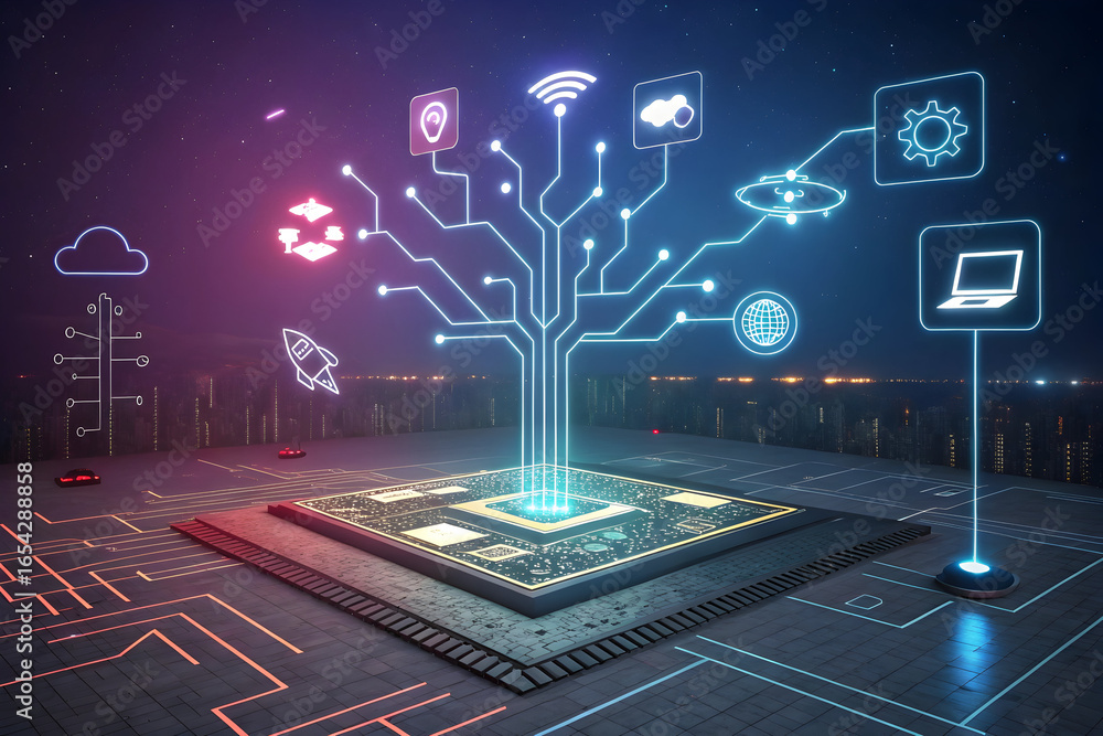 Poster Digital technology network connection with data transfer. Global communication concept for futuristic business system.