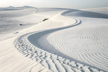 Winding path on a white gypsum sand dune desert with two tiny people in the distance. Minimalist landscape for travel or nature concept.
