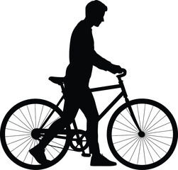 Obraz premium Man walking beside his bicycle in a stark black silhouette against white