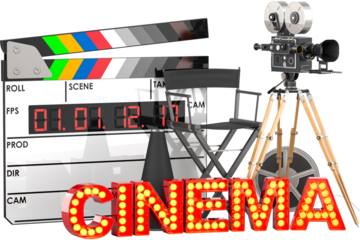 Movie camera, film reel, chair, megaphone and digital clapperboard with cinema signboard