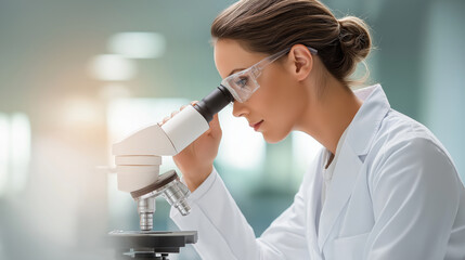 Professional scientist using advanced microscope in modern laboratory conducting detailed research and analysis for healthcare science and education purposes