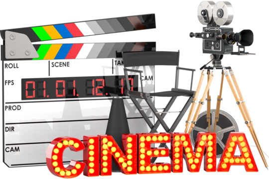 Movie camera, film reel, chair, megaphone and digital clapperboard with cinema signboard