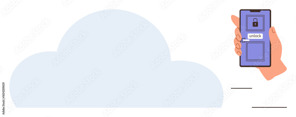 Poster hand holding phone with unlock screen next to cloud shape. ideal for security, technology, digitaliz