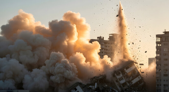 Building Demolition Creating Large Plumes of Dust and Debris, Controlled Demolition of Urban High-Rise with Dust Cloud