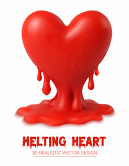 3D realistic vector illustration of a red melting bleeding heart with glossy liquid effect, Heart, melting, dripping, red, glossy, 3D, liquid, vector, realistic, love, valentine, abstract, icon