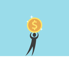 Man holding big coin. Money, wealth, financial success, investment, profit, deposit, savings, achievement and reward concept. Flat design. EPS 8 vector illustration, no transparency, no gradients