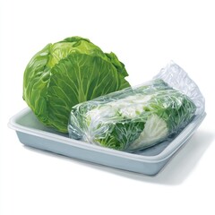 Fresh cabbage in a plastic tray, one whole head, and one wrapped portion