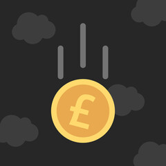 British pound sterling coin falling in dark gloomy black sky. Financial crisis, savings, inflation, currency and exchange rate concept. Flat design. EPS 8 vector illustration