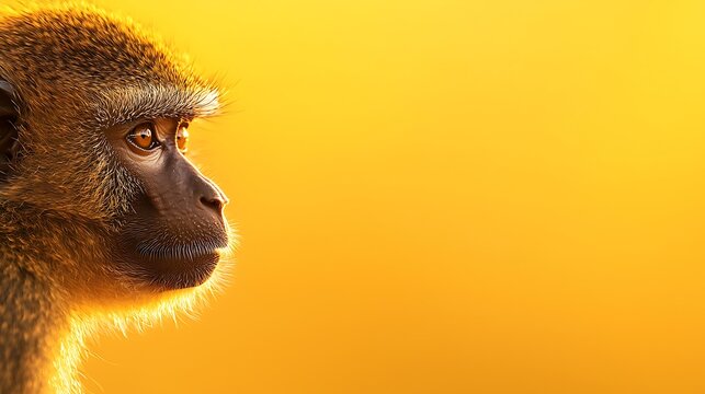 Close up profile of a monkey against a bright yellow background