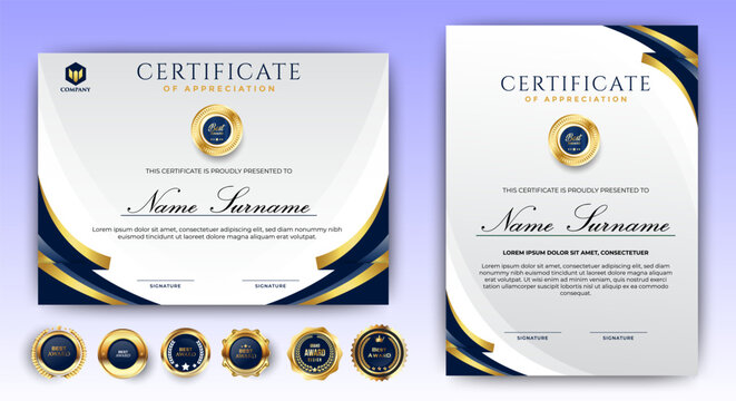 Certificate of appreciation template, gold and blue color. Clean modern certificate with gold badge. Certificate border template with luxury and modern line pattern. Diploma vector template. - Powered by Adobe