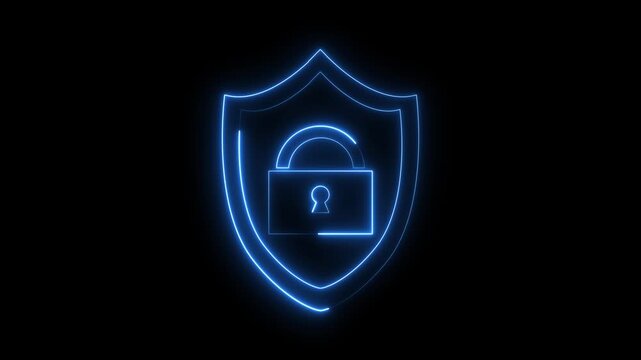 A lock icon with a blue neon light. Digital security concept. 4K