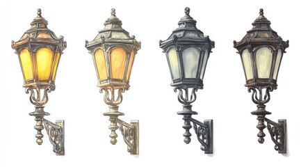 Four antique-style wall lamps in various muted tones, showing intricate detailing
