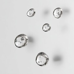 Several clear, round water droplets or bubbles suspended in the air against a light gray background