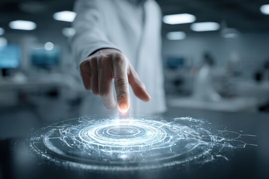 A doctor in a laboratory uses a glowing digital interface to perform a scientific analysis, emphasizing futuristic technology and medical advancement in a clinical setting.