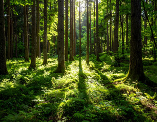 Fototapeta premium Beautiful green forest landscape with sunlight shining through the trees