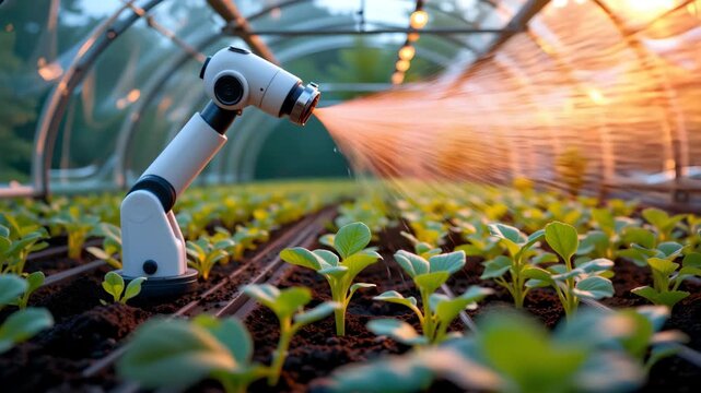 Robotic Arm in Agriculture: A robotic arm is spraying water or fertilizer over rows of crops. The scene embodies the fusion of advanced technology and agricultural productivity.