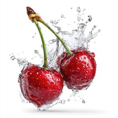Two fresh, red cherries in water splash