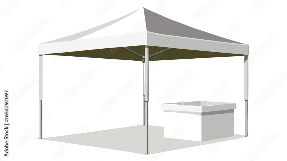 Poster a white tent with a table and chairs arranged inside for an event..eps