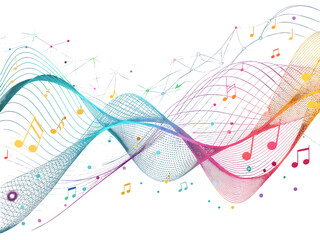 Colorful abstract music waves with notes and light effects isolated on a transparent background