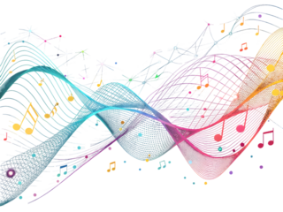 Colorful abstract music waves with notes and light effects isolated on a transparent background