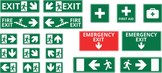 Emergency evacuation exit icons set, fire escape direction safe area signs