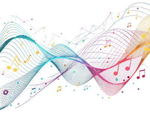 Colorful abstract music waves with notes and light effects isolated on a transparent background