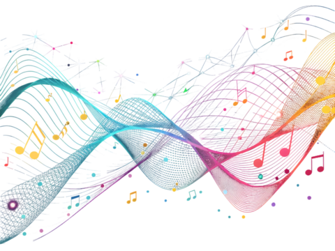 Colorful abstract music waves with notes and light effects isolated on a transparent background