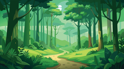 Cartoon forest scene featuring vibrant trees and lush green grass under a clear blue sky..eps
