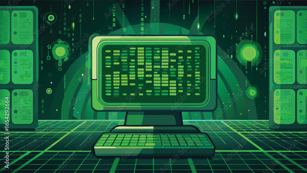 Poster glowing lights on a green binary code background, suggesting a modern and technological theme.eps