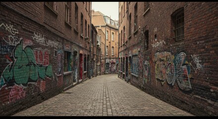 Naklejka premium Urban exploration through vibrant graffiti alleyways of historic brick buildings